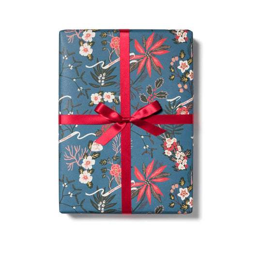 Blue Poinsettia holiday wrapping paper